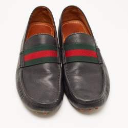 Gucci Navy Blue Leather Web Trim Loafers Size 45.5