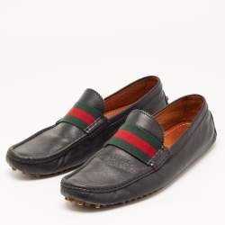 Gucci Navy Blue Leather Web Trim Loafers Size 45.5