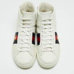 Gucci White/Blue Leather Embroidered Bee Web Ace High-Top Sneakers Size 41.5