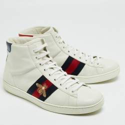 Gucci White/Blue Leather Embroidered Bee Web Ace High-Top Sneakers Size 41.5