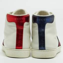 Gucci White/Blue Leather Embroidered Bee Web Ace High-Top Sneakers Size 41.5