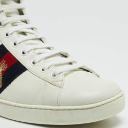 Gucci White/Blue Leather Embroidered Bee Web Ace High-Top Sneakers Size 41.5