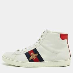 Gucci White/Blue Leather Embroidered Bee Web Ace High-Top Sneakers Size 41.5