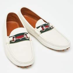 Gucci Off White Leather Web Horsebit Loafers Size 41