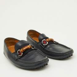 Pre Owned Gucci Navy Blue Leather Web Bamboo Horsebit Loafers Size 41
