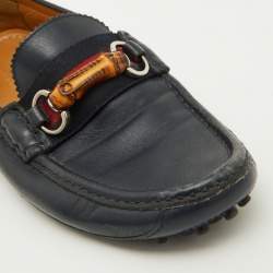 Pre Owned Gucci Navy Blue Leather Web Bamboo Horsebit Loafers Size 41