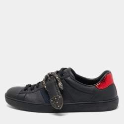 Gucci Black Leather And Python Trim Ace Dionysus Buckle Lace Up Sneakers Size 40.5
