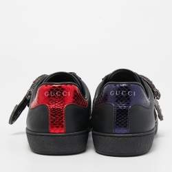 Gucci Black Leather And Python Trim Ace Dionysus Buckle Lace Up Sneakers Size 40.5