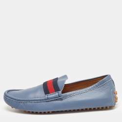 Gucci Blue Leather Web Slip On Loafers Size 43.5
