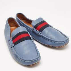 Gucci Blue Leather Web Slip On Loafers Size 43.5