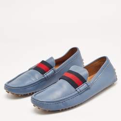 Gucci Blue Leather Web Slip On Loafers Size 43.5