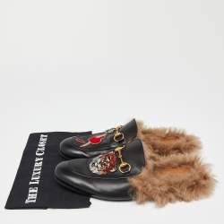 Gucci Black Tiger Crystals/Beads Embroidered Leather and Fur Princetown Flat Mules Size 43