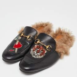 Gucci Black Tiger Crystals/Beads Embroidered Leather and Fur Princetown Flat Mules Size 43