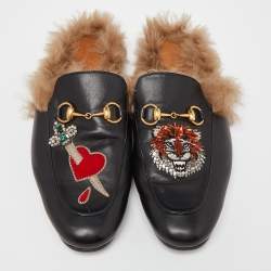 Gucci Black Tiger Crystals/Beads Embroidered Leather and Fur Princetown Flat Mules Size 43