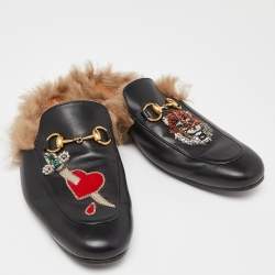 Gucci Black Tiger Crystals/Beads Embroidered Leather and Fur Princetown Flat Mules Size 43