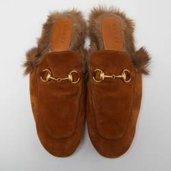 Gucci Brown Suede and Fur Lined Princetown Flat Mules Size 42