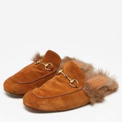 Gucci Brown Suede and Fur Lined Princetown Flat Mules Size 42