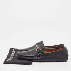 Gucci Black Leather Web Horsebit Loafers Size 41.5