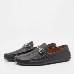 Gucci Black Leather Web Horsebit Loafers Size 41.5