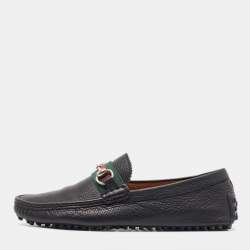 Gucci Black Leather Web Horsebit Loafers Size 41.5