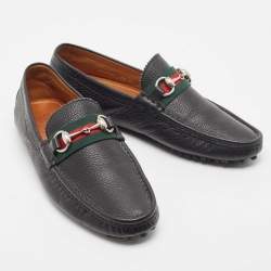 Gucci Black Leather Web Horsebit Loafers Size 41.5