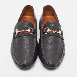 Gucci Black Leather Web Horsebit Loafers Size 41.5