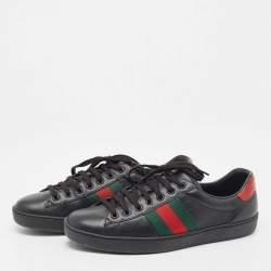Gucci Black Leather Ace Web Low Top Sneakers Size 41.5