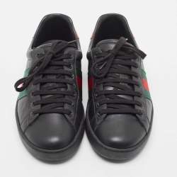 Gucci Black Leather Ace Web Low Top Sneakers Size 41.5