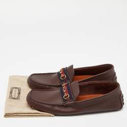 Gucci Brown Leather Web Horsebit Slip On Loafers Size 44