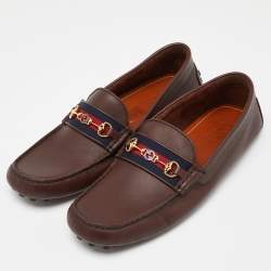Gucci Brown Leather Web Horsebit Slip On Loafers Size 44