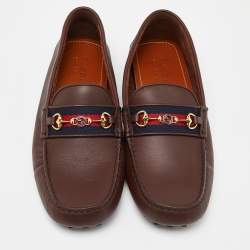 Gucci Brown Leather Web Horsebit Slip On Loafers Size 44