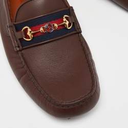 Gucci Brown Leather Web Horsebit Slip On Loafers Size 44
