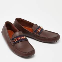 Gucci Brown Leather Web Horsebit Slip On Loafers Size 44