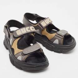 Gucci Grey/Beige Mesh and Leather Logo Sandals Size 41.5