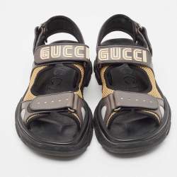 Gucci Grey/Beige Mesh and Leather Logo Sandals Size 41.5