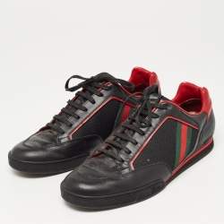 Gucci Black/Red Leather and Mesh Vintage Tennis Sneakers Size 43.5 