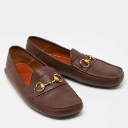 Pre Owned Gucci Brown Leather Horsebit Slip On Loafers Size 41