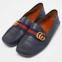 Gucci Blue Leather Web Horsebit Loafers Size 41