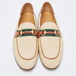 Gucci Beige/Brown Canvas and Leather Web Horsebit Loafers Size 41
