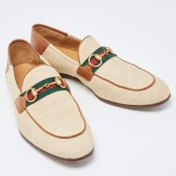 Gucci Beige/Brown Canvas and Leather Web Horsebit Loafers Size 41