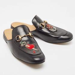 Gucci Black Leather Princetown Embellished Horsebit Flat Mules Size 41