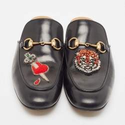 Gucci Black Leather Princetown Embellished Horsebit Flat Mules Size 41