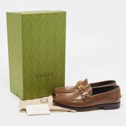 Gucci Brown Leather Logo Embellished Cara Loafers Size 42