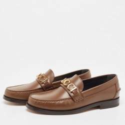 Gucci Brown Leather Logo Embellished Cara Loafers Size 42