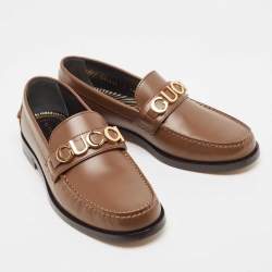 Gucci Brown Leather Logo Embellished Cara Loafers Size 42