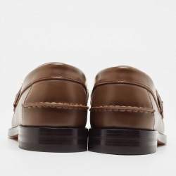 Gucci Brown Leather Logo Embellished Cara Loafers Size 42