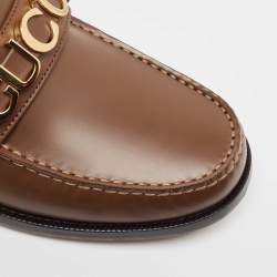 Gucci Brown Leather Logo Embellished Cara Loafers Size 42