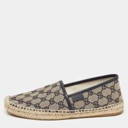Pre Owned Gucci Beige/Navy Blue GG Canvas Espadrille Flats Size 38.5