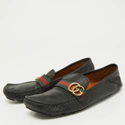 Gucci Black Leather GG Marmont Web Driver Slip On Loafers Size 43