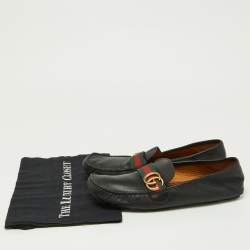 Gucci Black Leather GG Marmont Web Driver Slip On Loafers Size 43